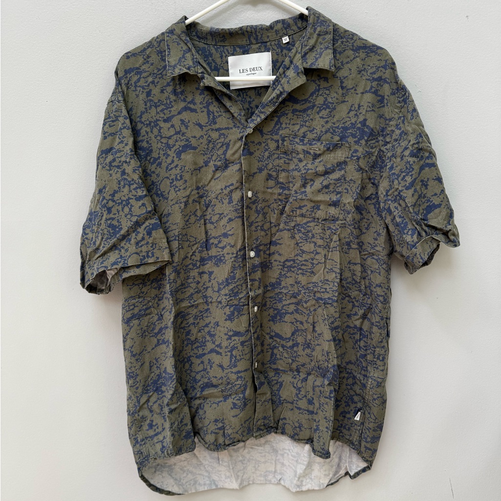 Les Deux Men's Blue And Green Patterned Short Sleeve Button Up In Xl